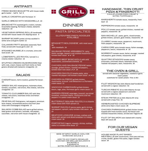 Menus | Pasto's Grill